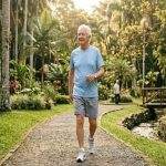 Adulto mayor activo caminando al aire libre con expresión de bienestar y vitalidad