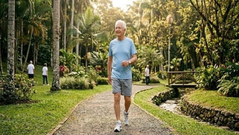 Adulto mayor activo caminando al aire libre con expresión de bienestar y vitalidad