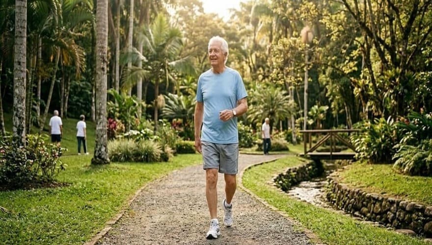 Adulto mayor activo caminando al aire libre con expresión de bienestar y vitalidad