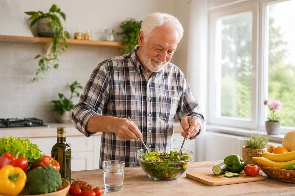 Adulto mayor preparando comida saludable en cocina hogareña con frutas y verduras frescas
