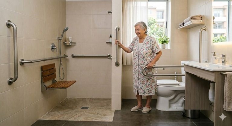 Baño adaptado para personas mayores con barras de apoyo discretas, diseño accesible y ambiente cálido que favorece la seguridad y la autonomía.