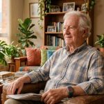 Adulto mayor en casa usando dispositivo de alerta personal en la muñeca