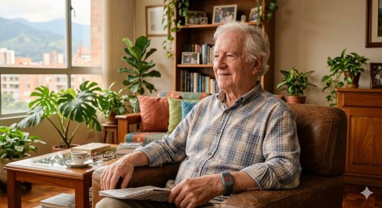 Adulto mayor en casa usando dispositivo de alerta personal en la muñeca