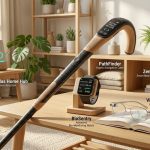 Fotografía realista de un set de dispositivos tecnológicos avanzados para la salud y autonomía de adultos mayores, dispuestos en una sala moderna e iluminada con luz natural, plantas y muebles de madera clara.