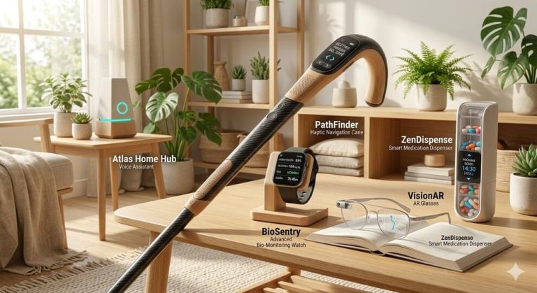 Fotografía realista de un set de dispositivos tecnológicos avanzados para la salud y autonomía de adultos mayores, dispuestos en una sala moderna e iluminada con luz natural, plantas y muebles de madera clara.