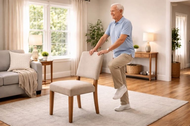 Adulto mayor realizando ejercicios de equilibrio en un salón iluminado