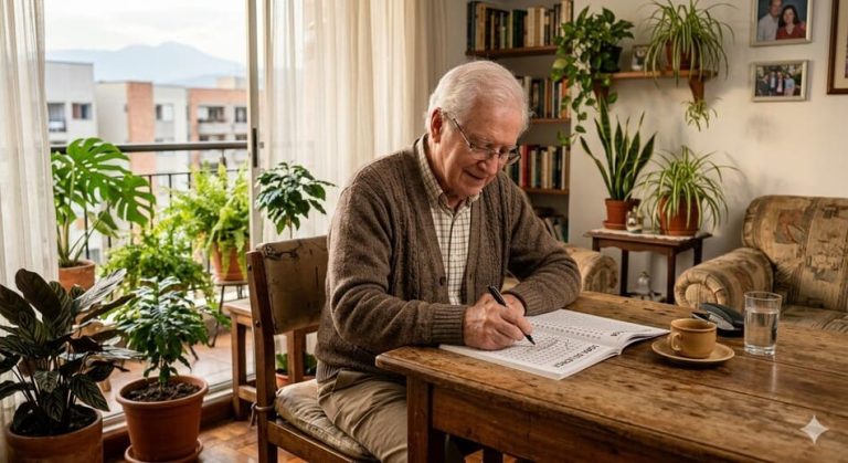 Adulto mayor realizando sopa de letras como ejercicio de estimulación mental en un entorno tranquilo