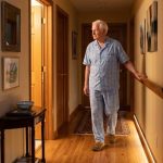 Pasillo de hogar con iluminación nocturna segura y adulto mayor caminando con confianza
