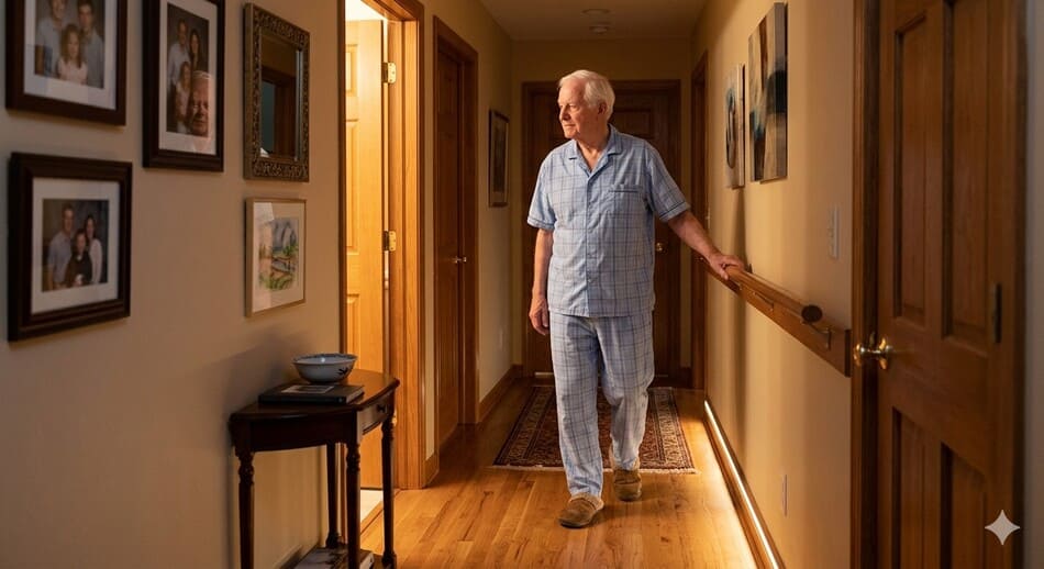 Pasillo de hogar con iluminación nocturna segura y adulto mayor caminando con confianza