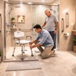 Instalación de silla de ducha para adulto mayor en baño adaptado, mejorando seguridad y prevención de caídas.