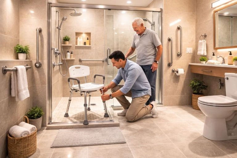 Instalación de silla de ducha para adulto mayor en baño adaptado, mejorando seguridad y prevención de caídas.