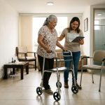 Cuidadora asistiendo a una mujer mayor con caminador en un hogar adaptado con pasamanos de seguridad, representando una guía técnica de prevención de caídas.