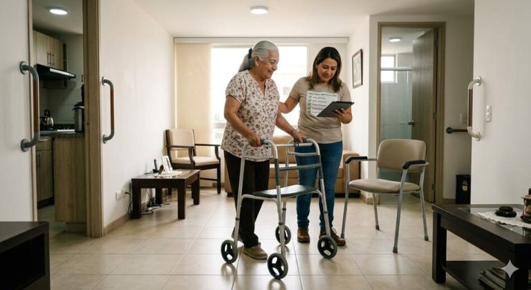 Cuidadora asistiendo a una mujer mayor con caminador en un hogar adaptado con pasamanos de seguridad, representando una guía técnica de prevención de caídas.