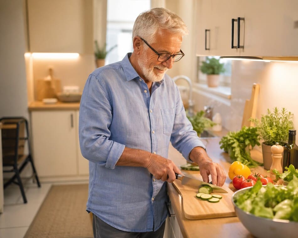 Adulto mayor cocinando con seguridad en una cocina adaptada con buena iluminación y superficies antideslizantes.
