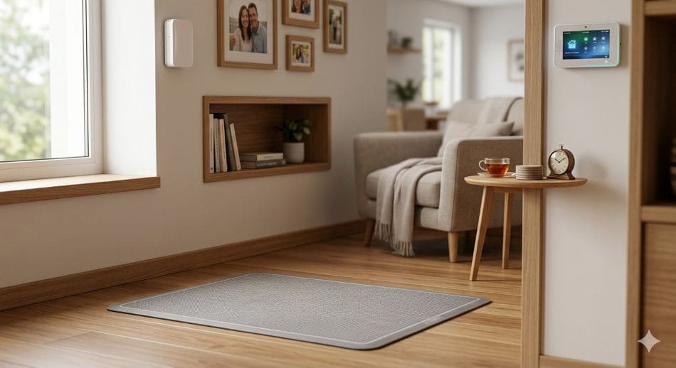 Sensores de seguridad y monitoreo instalados en un hogar moderno para adultos mayores