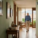 Sensor de movimiento instalado en pasillo de hogar con adulto mayor caminando al fondo