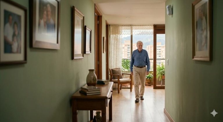 Sensor de movimiento instalado en pasillo de hogar con adulto mayor caminando al fondo