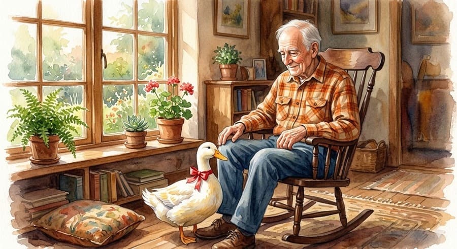 Pintura en acuarela de estilo impresionista de un anciano sonriente con camisa de cuadros naranjas, sentado en una mecedora de madera dentro de su casa acogedora. Mira a un pato doméstico blanco que está de pie junto a él y lleva un lazo rojo brillante en el cuello. La escena está iluminada por luz natural que entra por una ventana llena de plantas.
