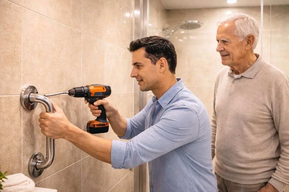 Familiar instala con un taladro una barra de seguridad de acero inoxidable en la pared de azulejos de un baño, mientras un hombre mayor observa sonriendo.