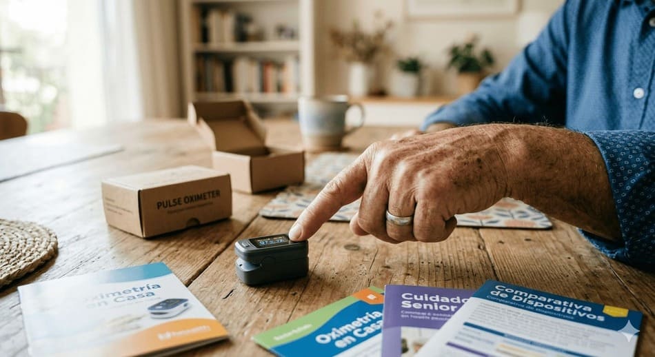 Mano de un adulto mayor seleccionando un dispositivo tecnológico tras un análisis de mercado consciente
