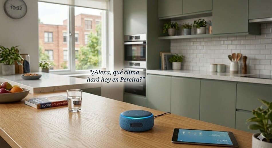 Un altavoz inteligente de diseño textil sobre una mesa de noche de madera junto a una taza de té humeante.