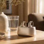 Audífono retroauricular digital de alta gama descansando en su base de carga magnética sobre un mueble de madera iluminado.