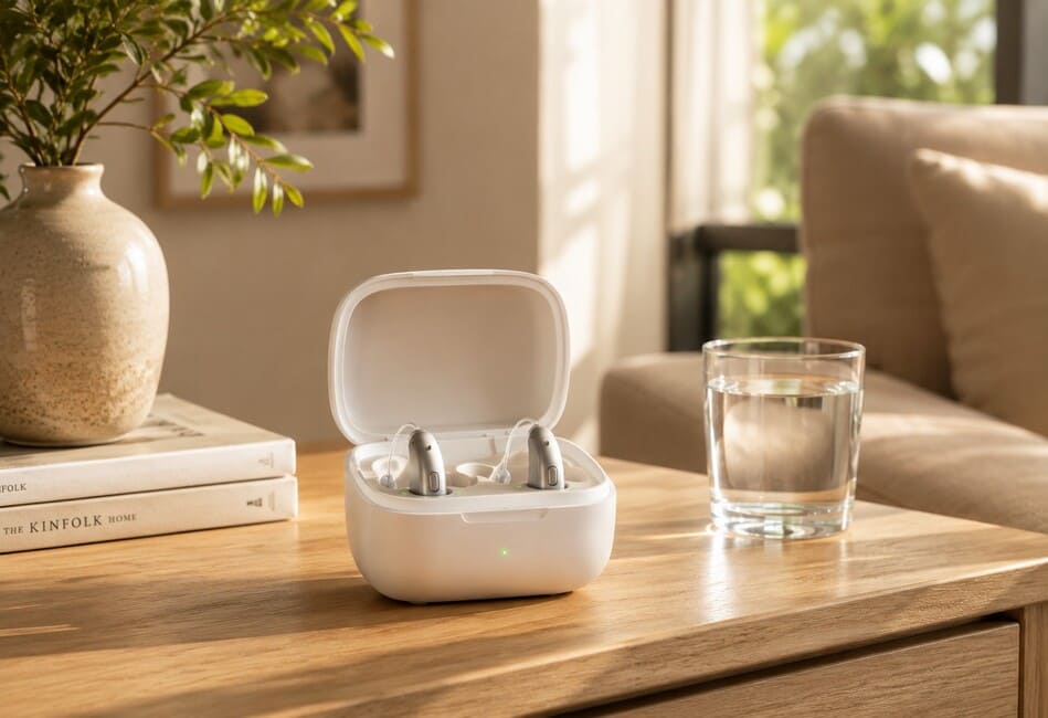 Par de audífonos recargables modernos de alta gama reposando en su estuche de carga magnética sobre una encimera de madera clara iluminada por el sol.