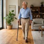 Hombre mayor caminando con confianza por una sala iluminada apoyado en un bastón ergonómico de alta gama.
