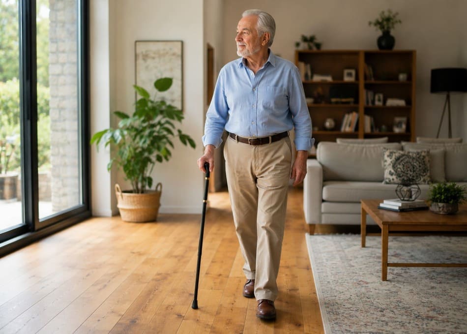 Hombre mayor caminando con confianza por una sala iluminada apoyado en un bastón ergonómico de alta gama.