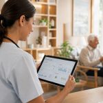 Profesional de la salud coordinando la asistencia mediante una tableta interactiva en una residencia senior moderna.