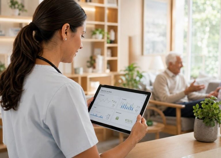 Profesional de la salud coordinando la asistencia mediante una tableta interactiva en una residencia senior moderna.