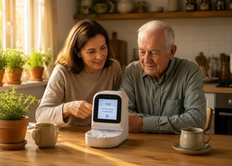 Adulto mayor y cuidadora revisando dispensador automático de medicación en una cocina cálida y segura con luz natural.