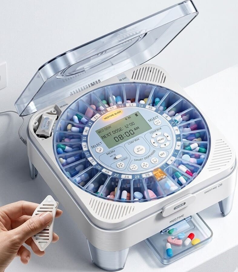 Dispensador automático de pastillas con pantalla digital y alarmas programables para la toma de medicamentos