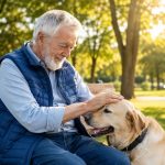 Hombre mayor con cabello canoso sentado en un banco del parque acariciando a un perro labrador dorado.