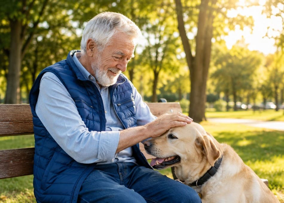 Hombre mayor con cabello canoso sentado en un banco del parque acariciando a un perro labrador dorado.