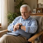 Adulto mayor usando reloj inteligente y tablet en sala de estar con luz natural y ambiente hogareño