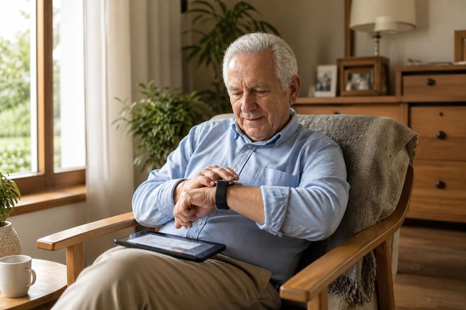 Adulto mayor usando reloj inteligente y tablet en sala de estar con luz natural y ambiente hogareño