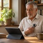 Hombre de 72 años usando un estetoscopio digital conectado a una tablet en un entorno hogareño cálido mientras monitorea su salud desde casa.