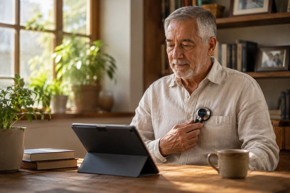 Hombre de 72 años usando un estetoscopio digital conectado a una tablet en un entorno hogareño cálido mientras monitorea su salud desde casa.