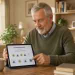 Adulto mayor utilizando una tableta digital para realizar ejercicios de neuroestimulación en un entorno luminoso.
