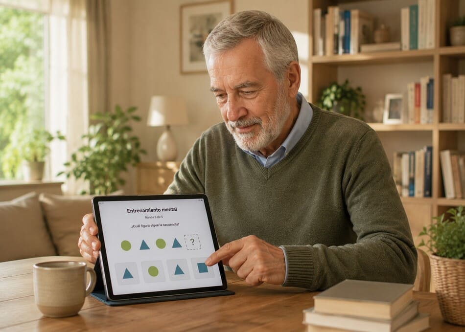 Adulto mayor utilizando una tableta digital para realizar ejercicios de neuroestimulación en un entorno luminoso.