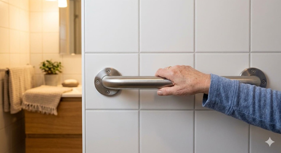 Barra de seguridad de acero inoxidable instalada firmemente en una pared de baño moderna.