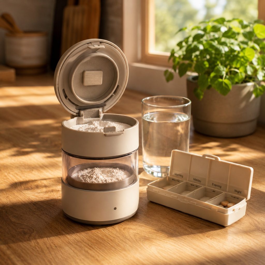 Pastillero ergonómico de apertura fácil con compartimentos amplios y código de colores, diseñado para que adultos mayores con Alzheimer puedan gestionar sus medicamentos de forma segura