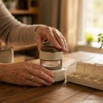 Manos de adulto mayor utilizando un pastillero ergonómico con triturador integrado sobre una mesa de madera iluminada por luz natural.