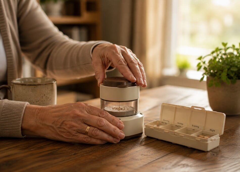 Manos de adulto mayor utilizando un pastillero ergonómico con triturador integrado sobre una mesa de madera iluminada por luz natural.