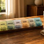 Organizador de medicamentos semanal premium con compartimentos traslúcidos sobre una mesa de comedor de madera natural iluminada.