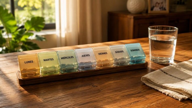 Organizador de medicamentos semanal premium con compartimentos traslúcidos sobre una mesa de comedor de madera natural iluminada.