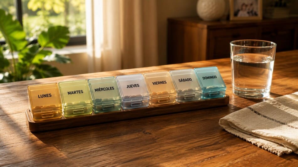 Organizador de medicamentos semanal premium con compartimentos traslúcidos sobre una mesa de comedor de madera natural iluminada.