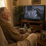 Adulto mayor viendo películas clásicas en una sala cálida y acogedora.