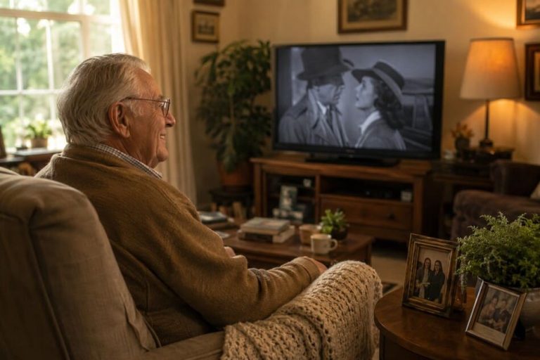 Adulto mayor viendo películas clásicas en una sala cálida y acogedora.